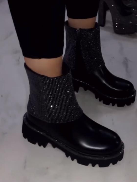 Side zip rhinestone glossy Martin boots