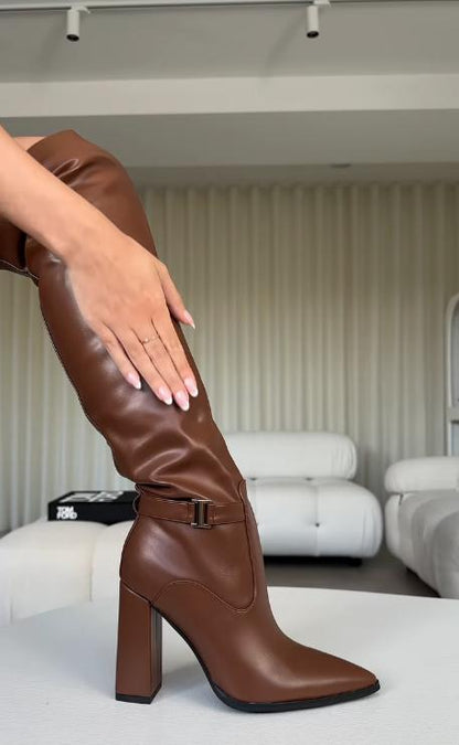 Brown stylish mid-calf high-heeled boots