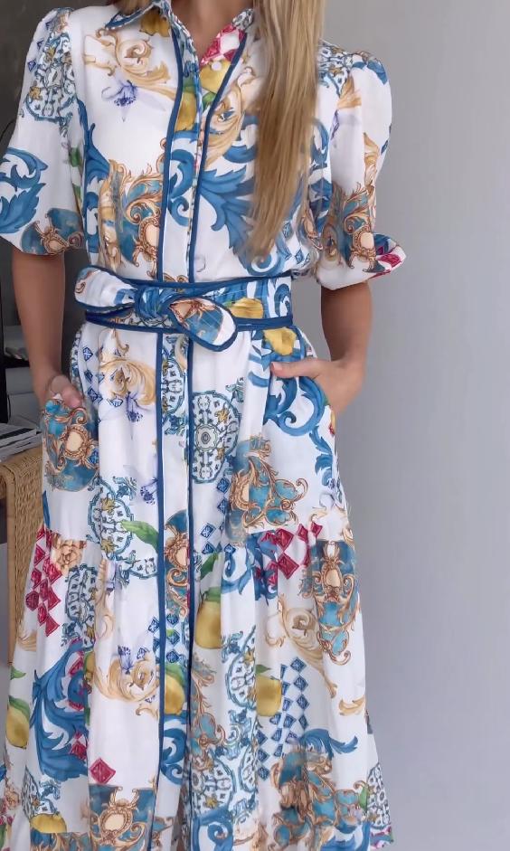 Mediterranean wind ribbon embellished print dress