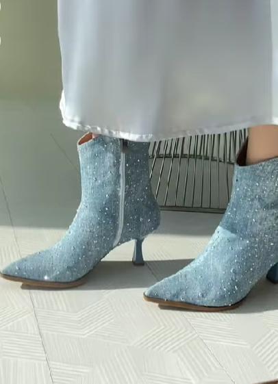 Fine glitter pointed toe high-heeled party boots