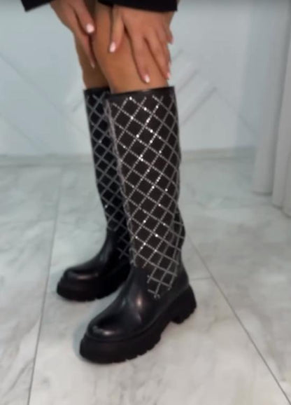 Diamond-patterned fashionable rhinestone high boots