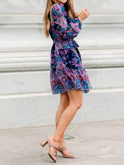 Purple Floral Long Sleeve Mini Dress