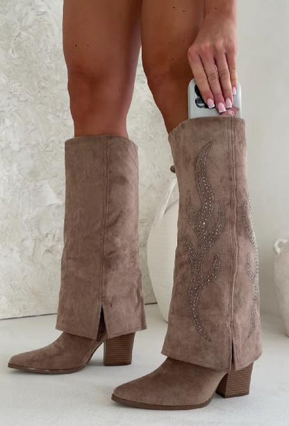 French simple retro pointed suede rhinestone boots