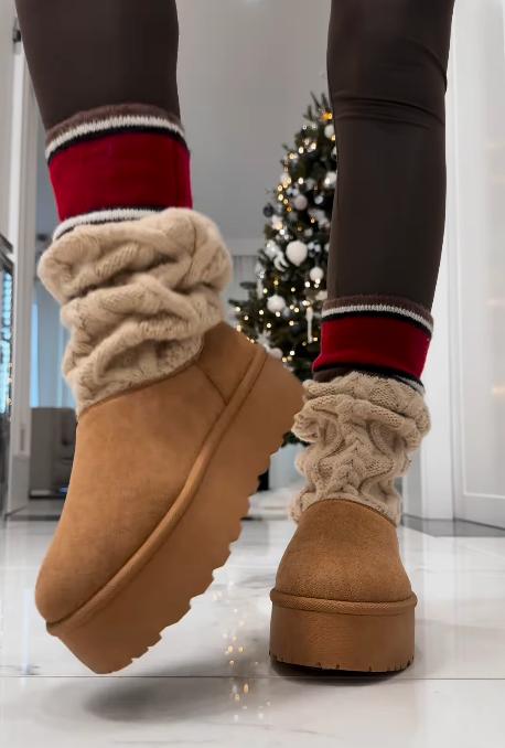 Fur one-piece knitted mid-calf snow boots