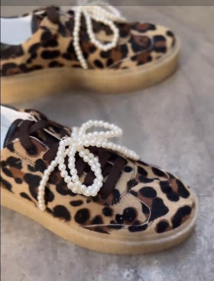 Removable pearl leopard print casual shoes