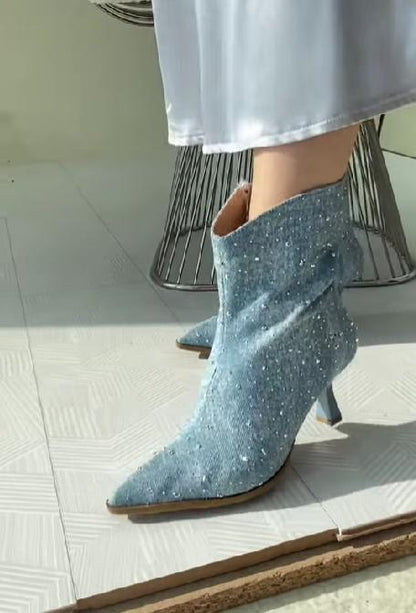 Fine glitter pointed toe high-heeled party boots