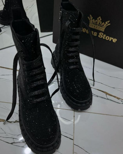 Black rhinestone luxury short boots