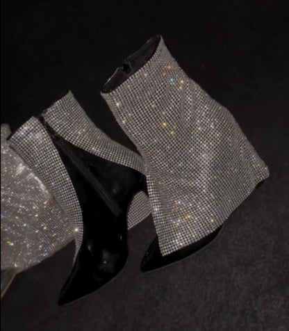 Rhinestone trouser leg slit high heel ankle boots