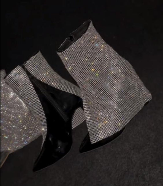 Rhinestone trouser leg slit high heel ankle boots