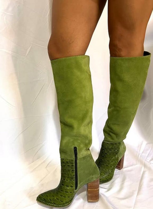 Green suede splicing fashion boots