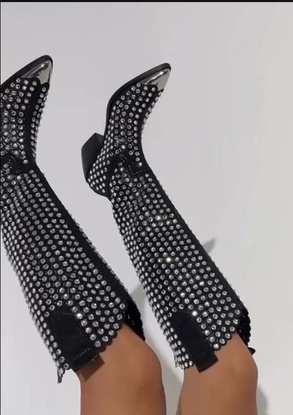 Pointed rhinestone studded boots