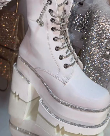 Leather side zip-up chunky bottom Rhinestone Martin boots