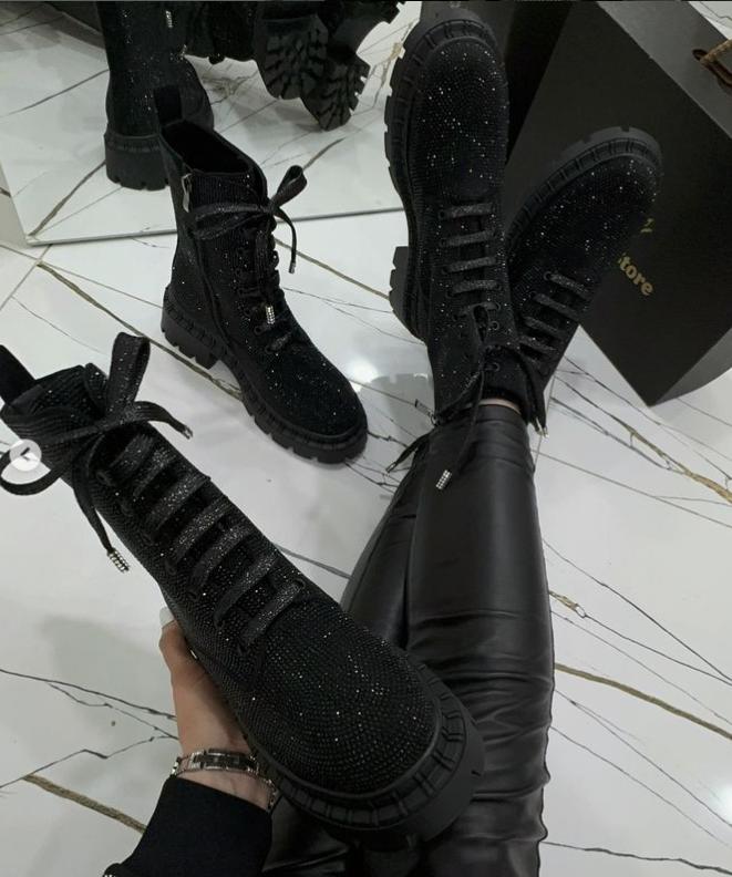 Black rhinestone luxury short boots