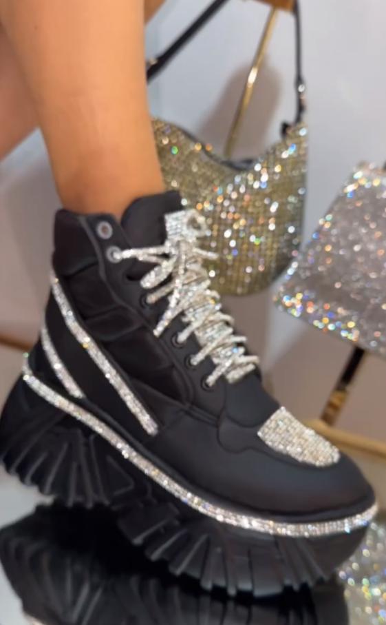 Thick-soled rhinestone casual sneakers