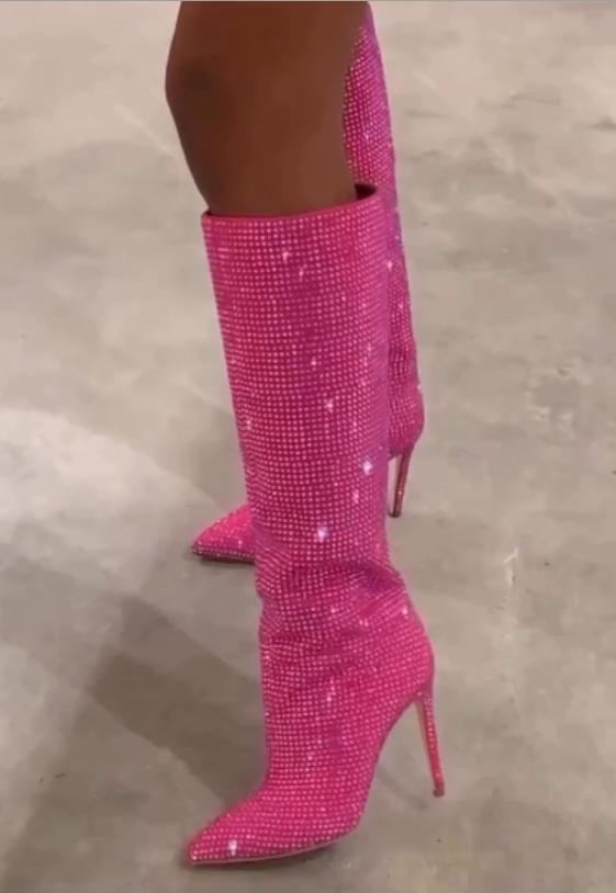 Rose color rhinestone high heel boots