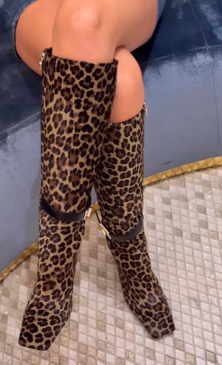 Leopard print metal belt buckle embellished below-the-knee couture boots