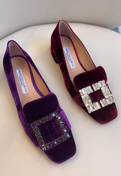 Velvet rhinestone square buckle flat shoes