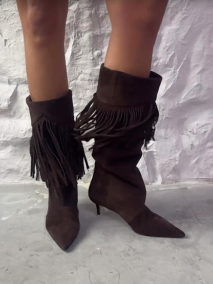 Fashionable tassel high-heeled mid-calf boots