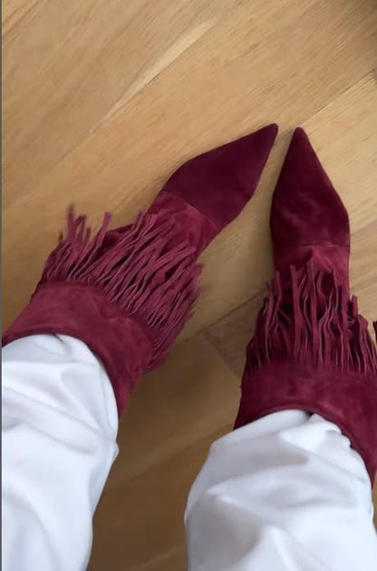 Red tassel stylish high-heeled mid-calf boots