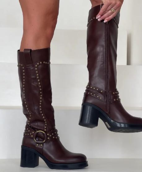 Brown studded leather boots