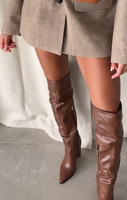 Brown stylish mid-calf high-heeled boots