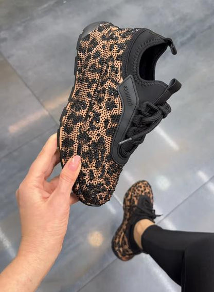 Leopard print rhinestone sneakers