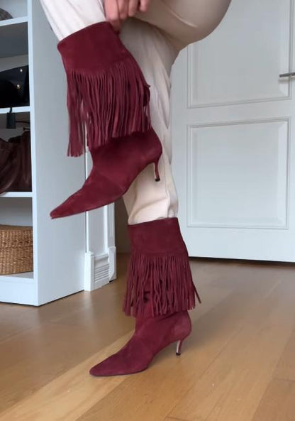 Red tassel stylish high-heeled mid-calf boots