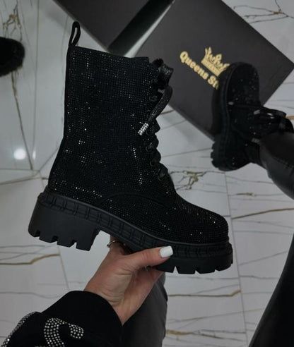 Black rhinestone luxury short boots