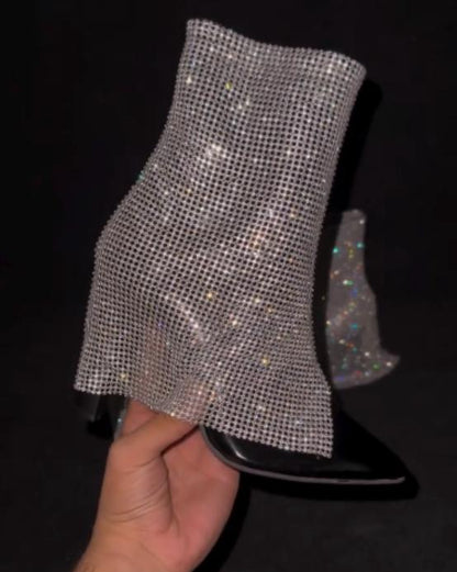 Rhinestone trouser leg slit high heel ankle boots