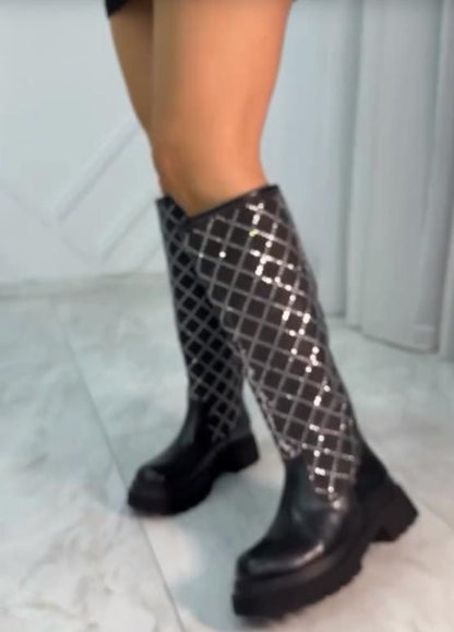 Diamond-patterned fashionable rhinestone high boots