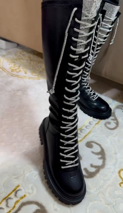 Rhinestone chain lace-up high boots