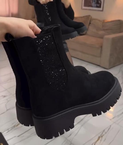 Rhinestone Thick Velvet Martin Boots