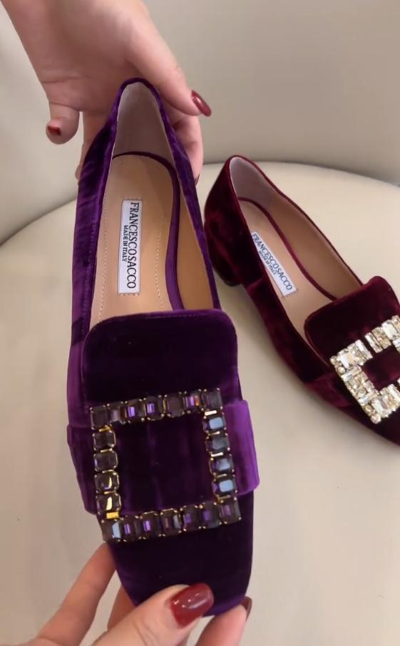 Velvet rhinestone square buckle flat shoes