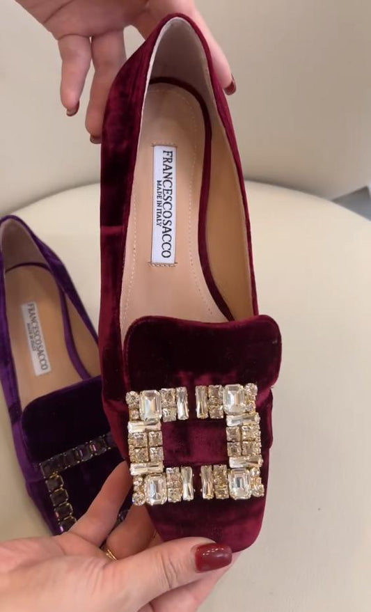 Velvet rhinestone square buckle flat shoes