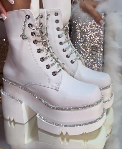 Leather side zip-up chunky bottom Rhinestone Martin boots