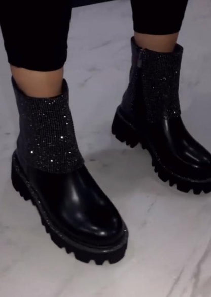 Side zip rhinestone glossy Martin boots