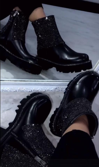 Side zip rhinestone glossy Martin boots