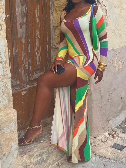 Colorful Slim Split Dress