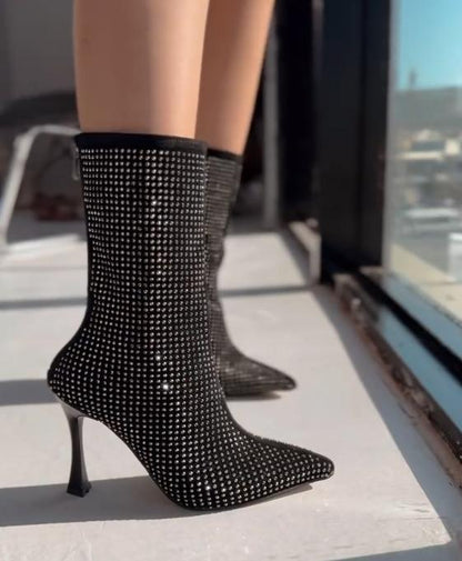 Sparkling rhinestone high heel boots