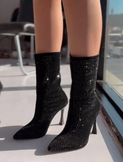 Sparkling rhinestone high heel boots