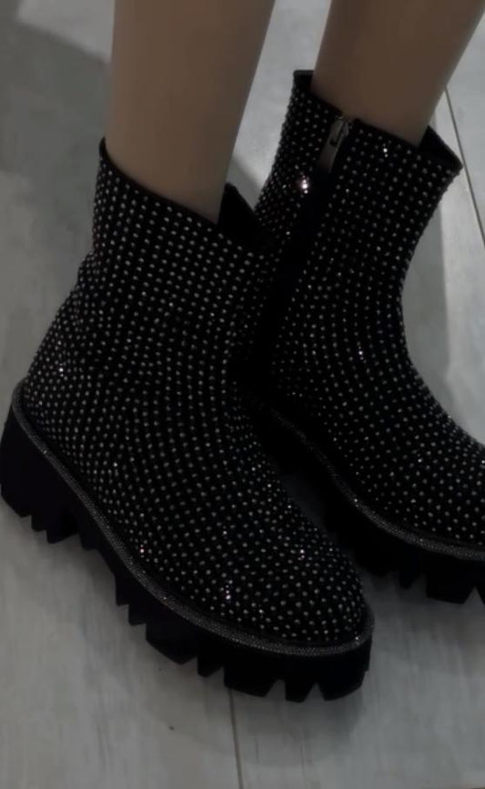 Full rhinestone side zip boots