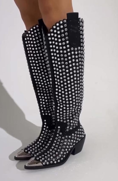 Pointed rhinestone studded boots