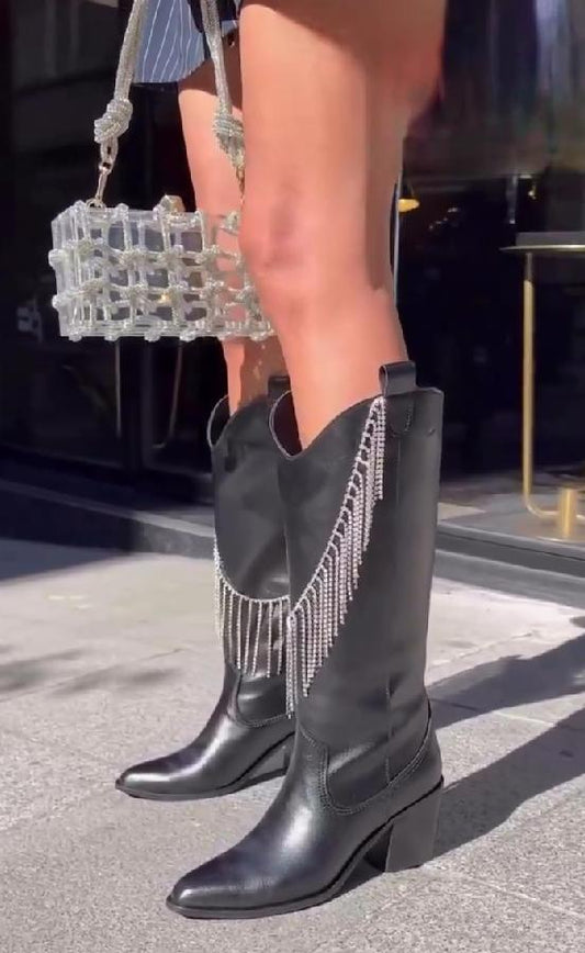 Fashion thick high heel tassel rhinestone women's boots