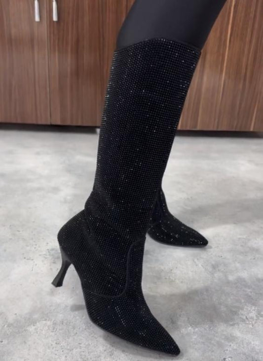 Pointed toe stiletto heel full diamond elegant fashion boots