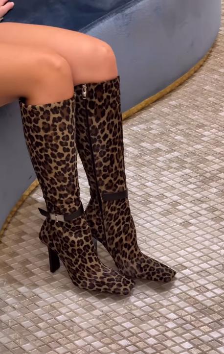 Leopard print metal belt buckle embellished below-the-knee couture boots