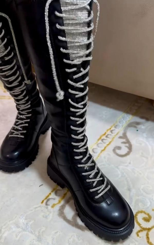 Rhinestone chain lace-up high boots